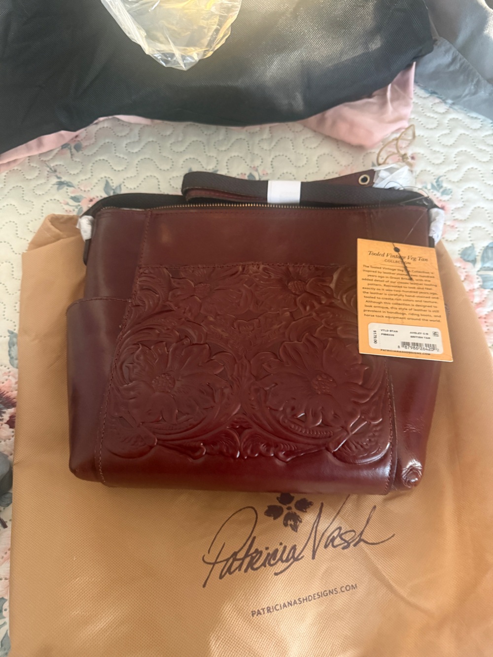 Patricia Nash Burgundy Embossed Floral Leather Shoulder Bag